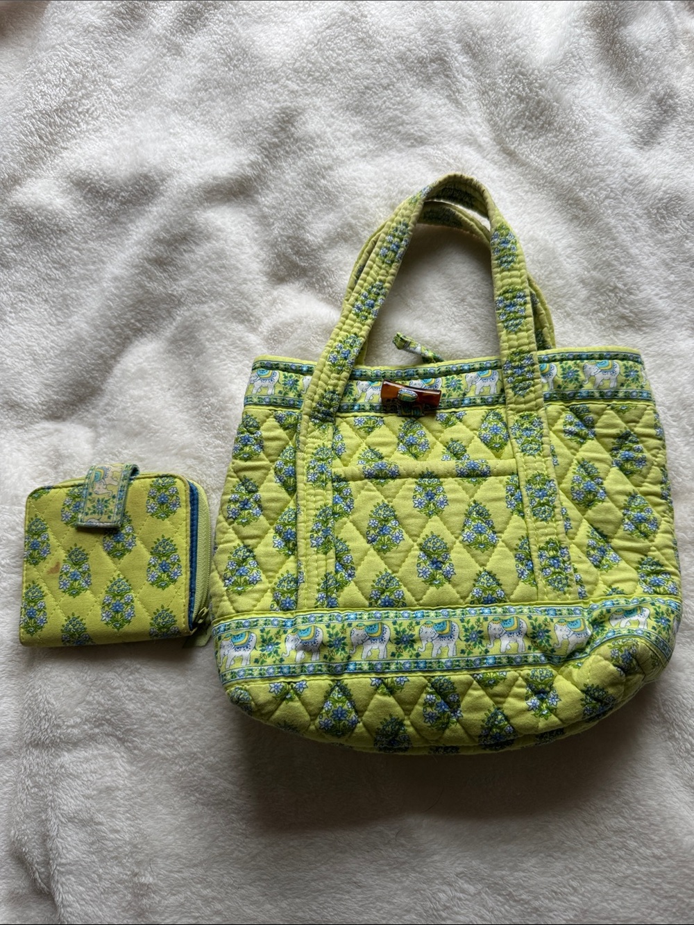 Vera Bradley Lime Green Quilted Tote with Matching Wallet